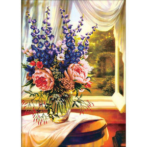 NEEDLE ART WORLD Printed Cross Stitch 'Floral Vase by Window'