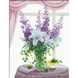 NEEDLE ART WORLD Printed Cross Stitch 'Lillies and Hollyhocks'